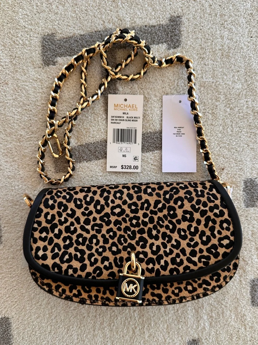Michael Kors Leopard Print Crossbody in Tan and Black with Gold Lock